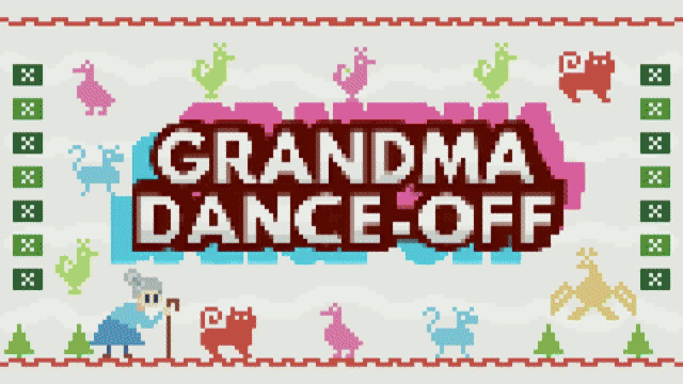 Grandma Dance-Off cover art: the title in a knitted border of crochet animals, with grandma and her cane.