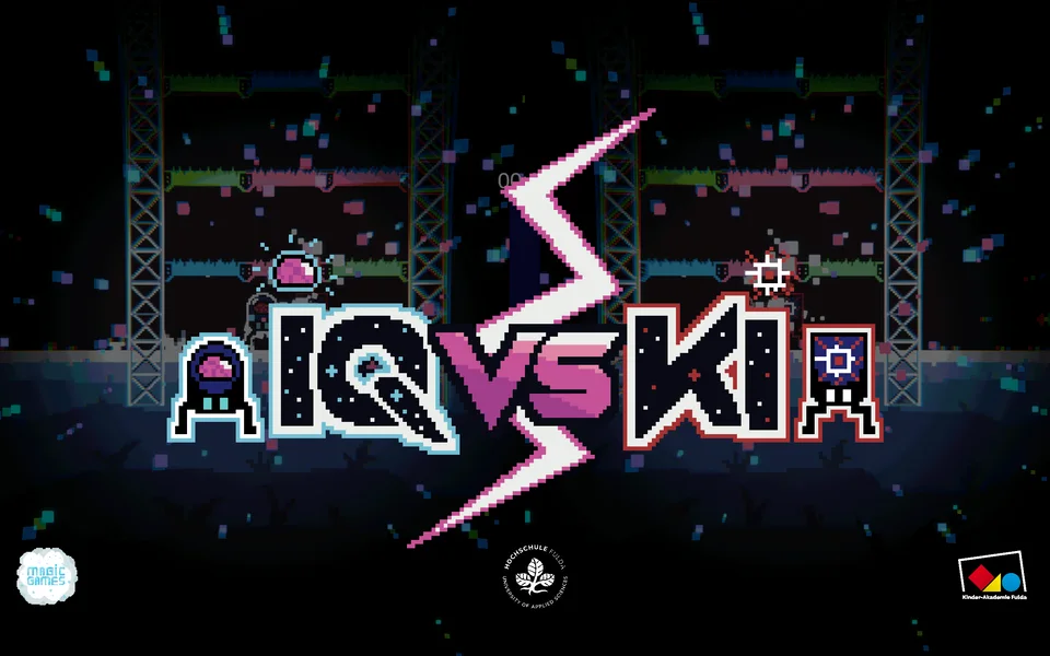 IQ vs KI cover art: the title in pixel letters split by a lightning bolt, a brain robot on one side and an AI robot on the other.
