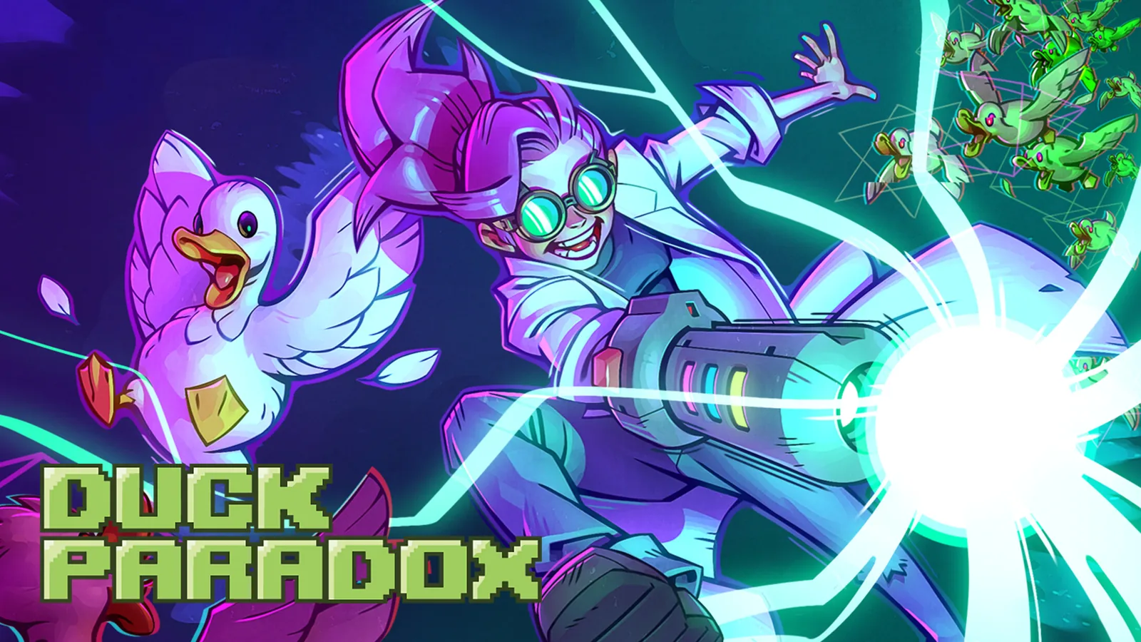 Duck Paradox key art: a duck and a mad scientist with a glowing blaster.